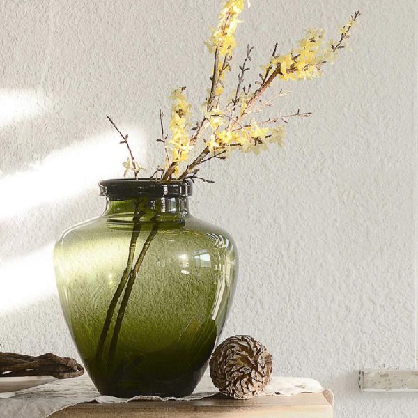 Olive Green Flower Vase - Pot Shaped Mouth Blown