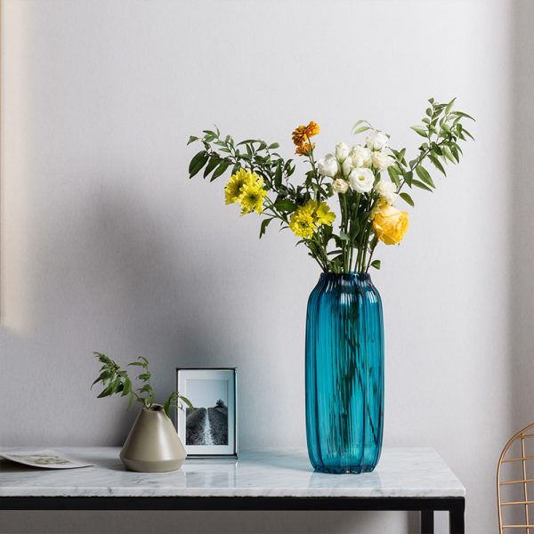 Blue Glass Flower Vase With Ribble Effect