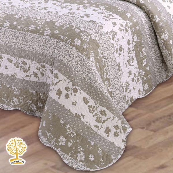 Light Brown Striped Bedspread In Floral Quilted Pattern - Image 3