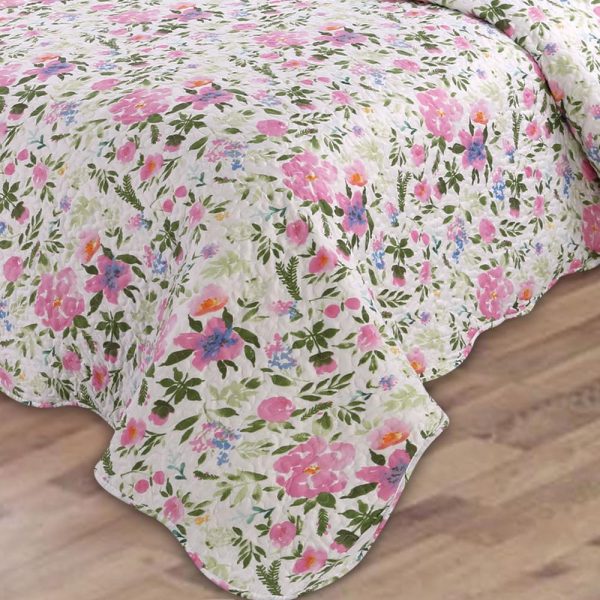 Pink floral Quilted Bedspread cum Quilt with Two Pillow Case