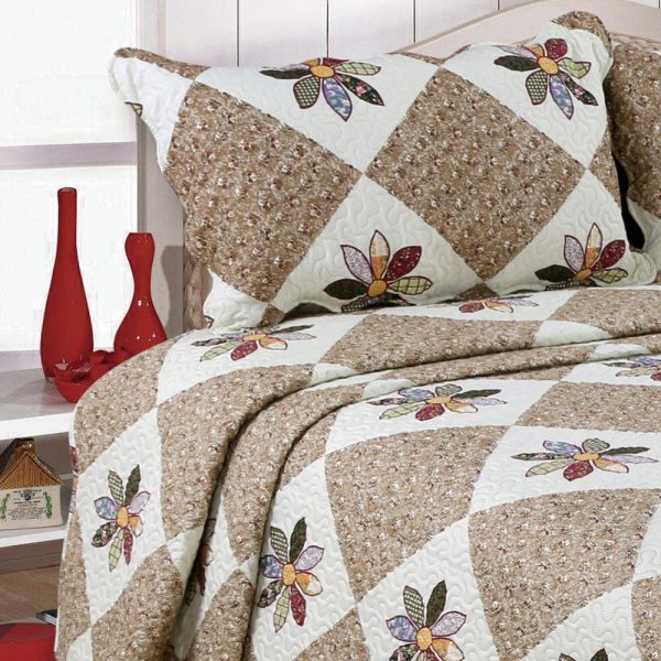 Beige Checks Floral Bedspread with Two Pillow Case