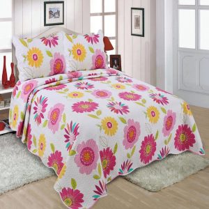 Pink Floral Quilted Bedspread With Pillowcovers