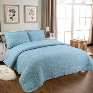 Blue Cotton Embroidery Bedspread Quilted