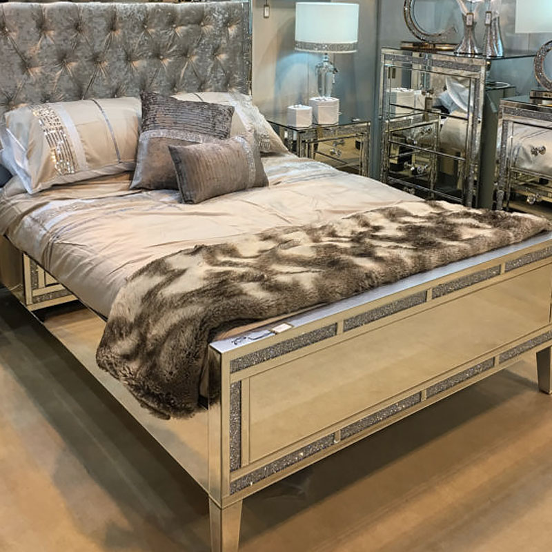 Diamond Glitz Mirrored King Size Bed, King Bed Frame With Mirror Headboard