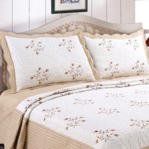 Beige Floral Embroidery Bedspread With Pillow Cover