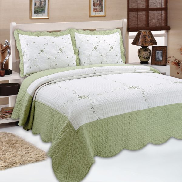 Green Embroidery Quilted Bedspread