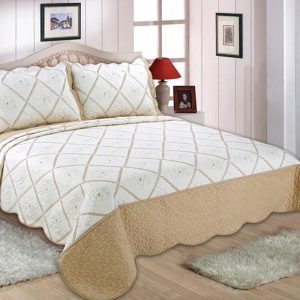 Beige Embroidered Quilted Bedspread