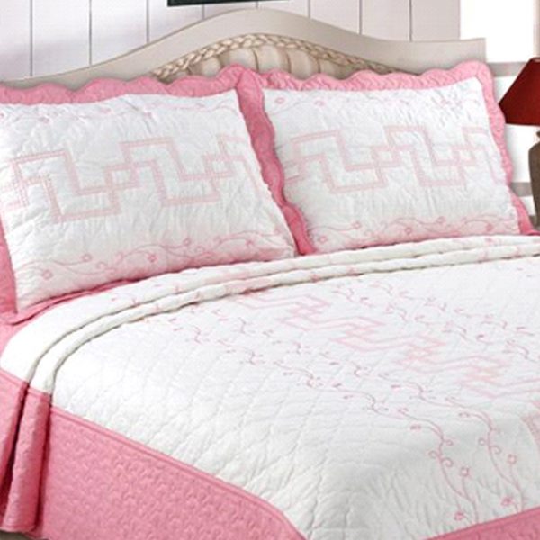 Pink Geometric Embroidery Bedspread - Quilting Tree