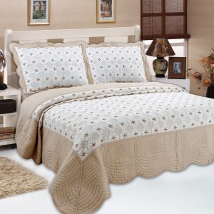 Beige Embroidery Quilted Bedspread