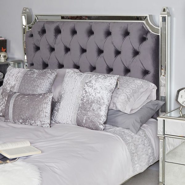 Silver Mirrored King Size Bed Frame With Velvet Headboard