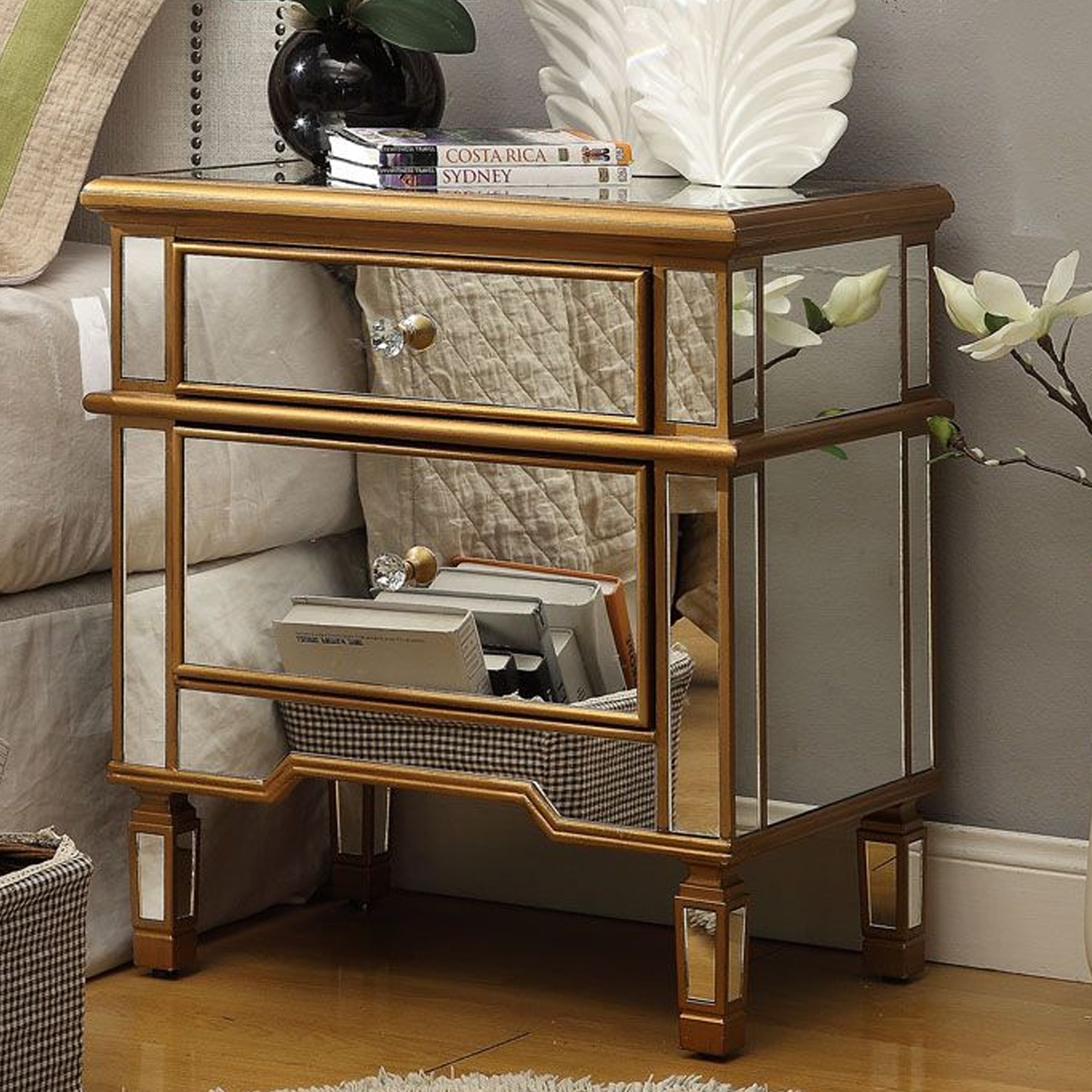 Mirrored Side Table With Dull Gold, Mirrored Side Table 2 Drawer