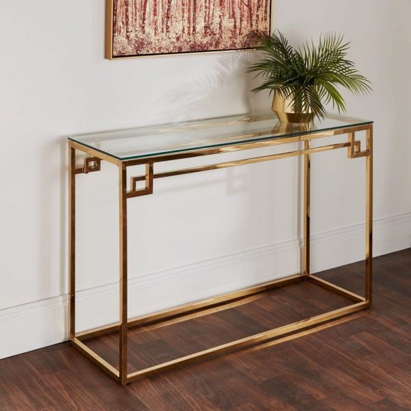 GOLD STAINLESS STEEL METAL CONSOLE SIDE HALL TABLE WITH GLASS TOP