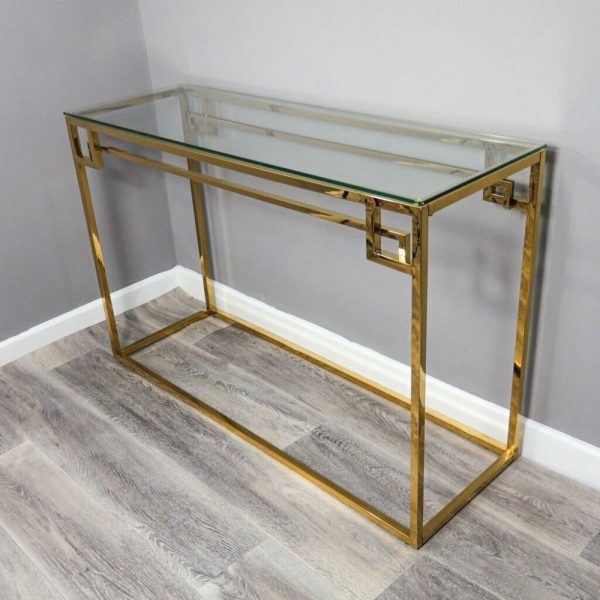 GOLD STAINLESS STEEL METAL CONSOLE SIDE HALL TABLE WITH GLASS TOP