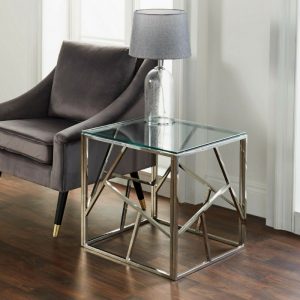 MODERN GEO SILVER STAINLESS STEEL METAL CLEAR GLASS SQUARE SIDE END LAMP TABLE