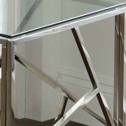 MODERN GEO SILVER STAINLESS STEEL METAL CLEAR GLASS SQUARE SIDE END LAMP TABLE