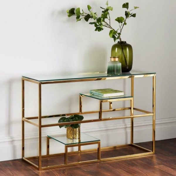 MODERN GOLD STAINLESS STEEL METAL CLEAR GLASS SHELVES CONSOLE SIDE HALL TABLE