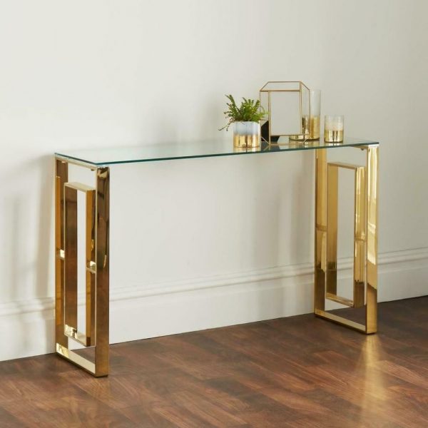 MODERN GOLD STAINLESS STEEL METAL CLEAR GLASS TOP CONSOLE SIDE HALL TABLE