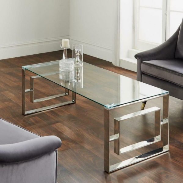 MODERN SILVER STAINLESS STEEL METAL CLEAR GLASS TOP COFFEE TABLE