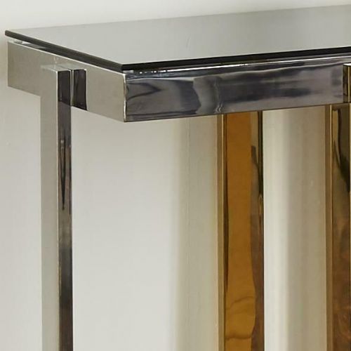 NEXUS MODERN SILVER & GOLD STAINLESS STEEL METAL GREY GLASS CONSOLE SIDE HALL TABLE