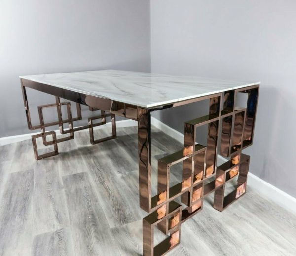 ROSE GOLD COPPER MARBLE GLASS DINING TABLE STAINLESS STEEL LEGS
