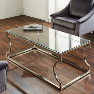 MODERN SILVER STAINLESS STEEL METAL CLEAR GLASS TOP COFFEE TABLE WITH CURVE LEGS