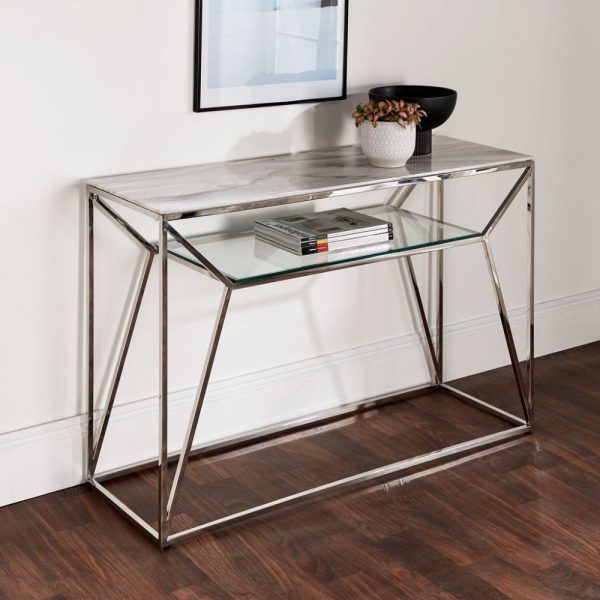 WHITE MARBLE GLASS CONSOLE SIDE HALL TABLE WITH SILVER STAINLESS STEEL LEGS