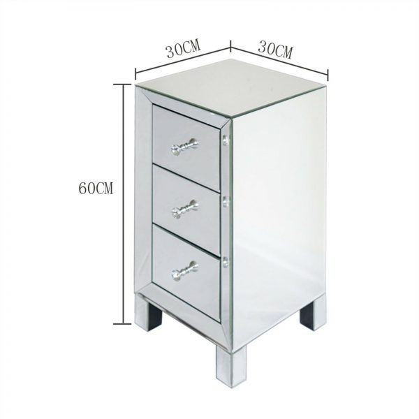 Mirrored Glass Bedside Table cabinet 3 Drawers and Crystal Handles