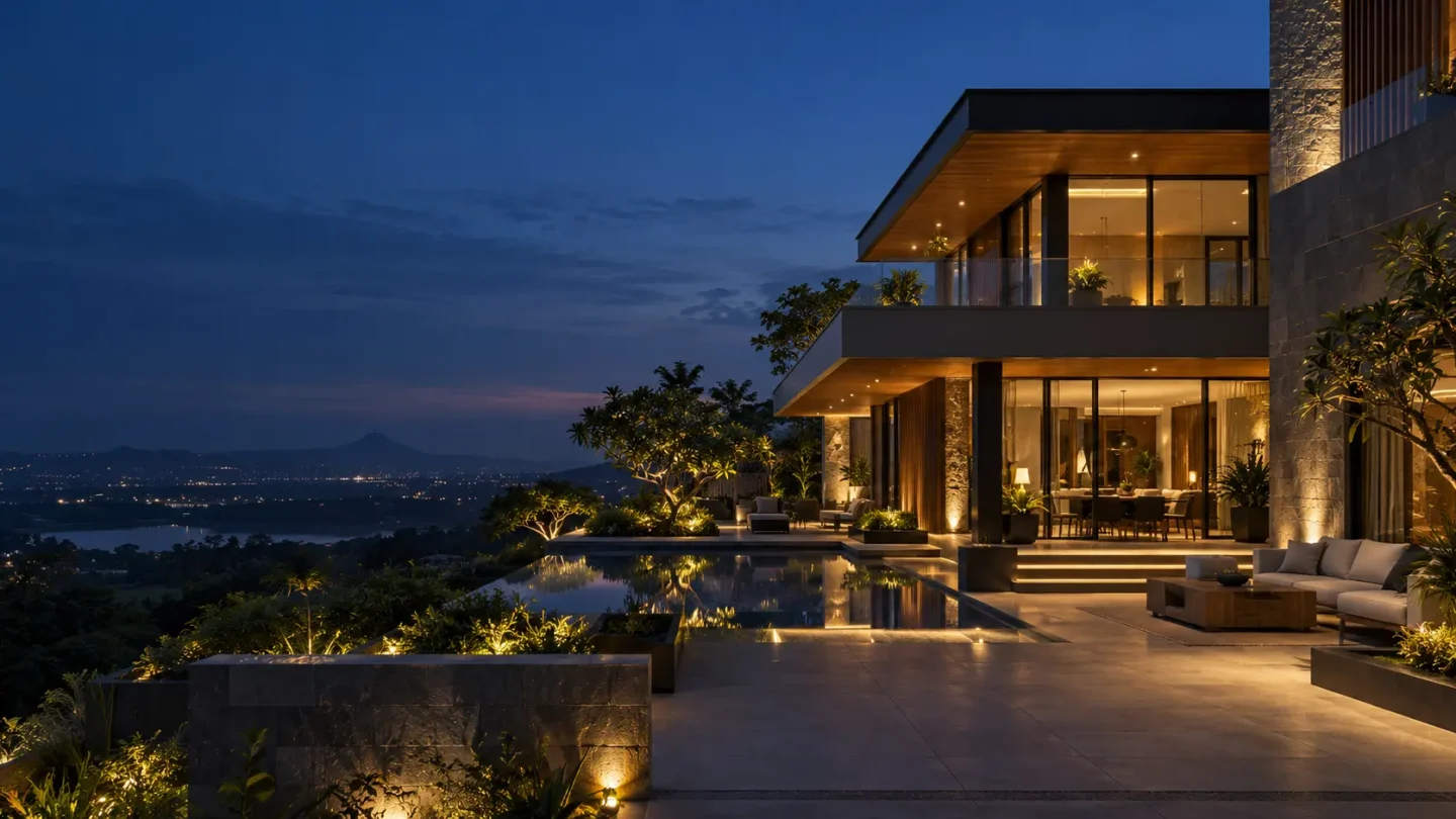 Illustrative home at dusk with illuminated steps, landscaping and architectural details