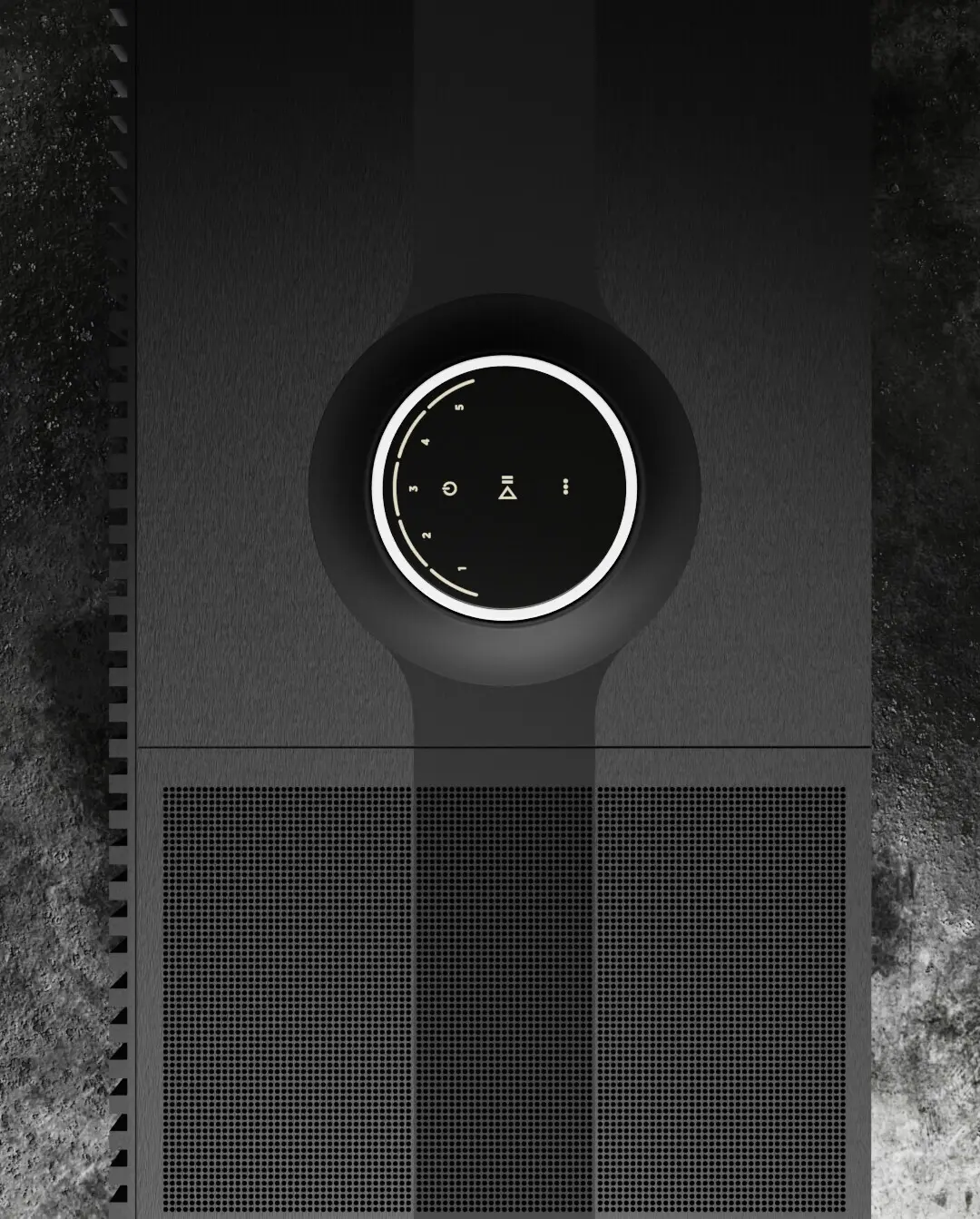 Top-down Mu-so Hekla detail showing its central control and perforated speaker grille