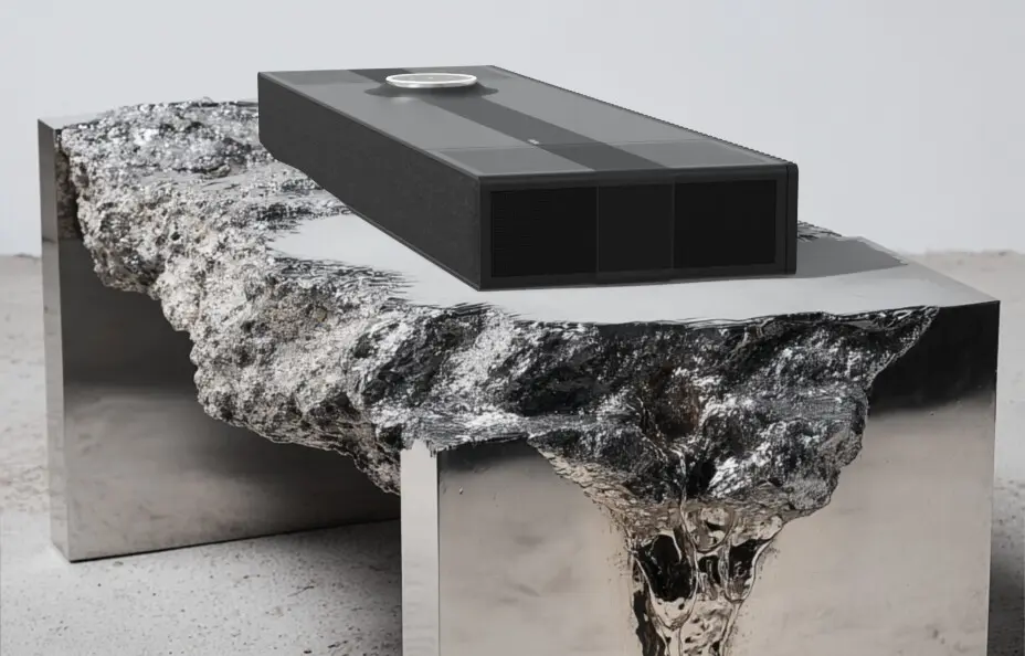 Focal Mu-so Hekla displayed on a sculptural stone table