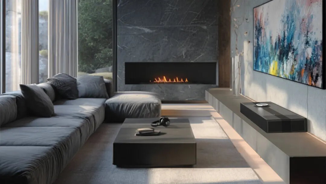 Mu-so Hekla integrated beneath a television in a contemporary living room