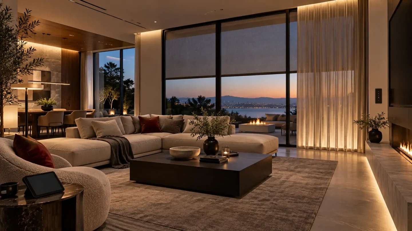 Illustrative living room with motorised window shades and integrated lighting