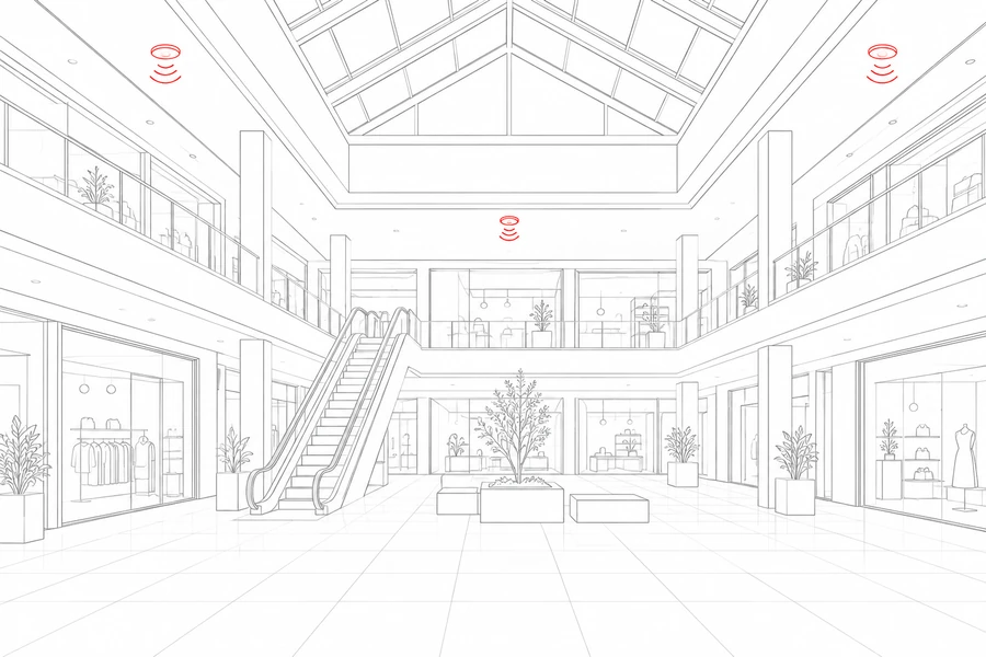 Architectural outline of a shopping mall with an atrium and shopfronts