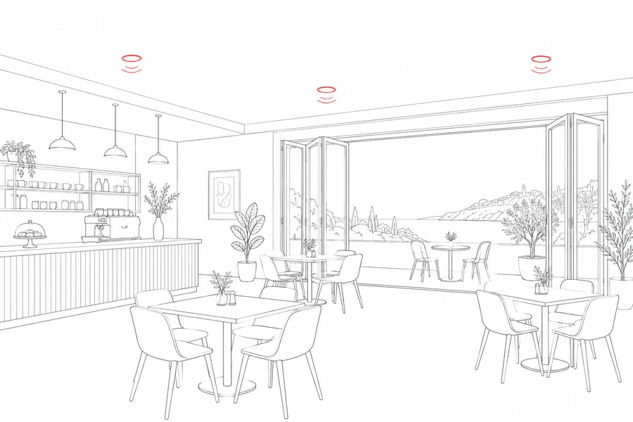 Architectural outline of a restaurant with dining tables and an opening to a terrace