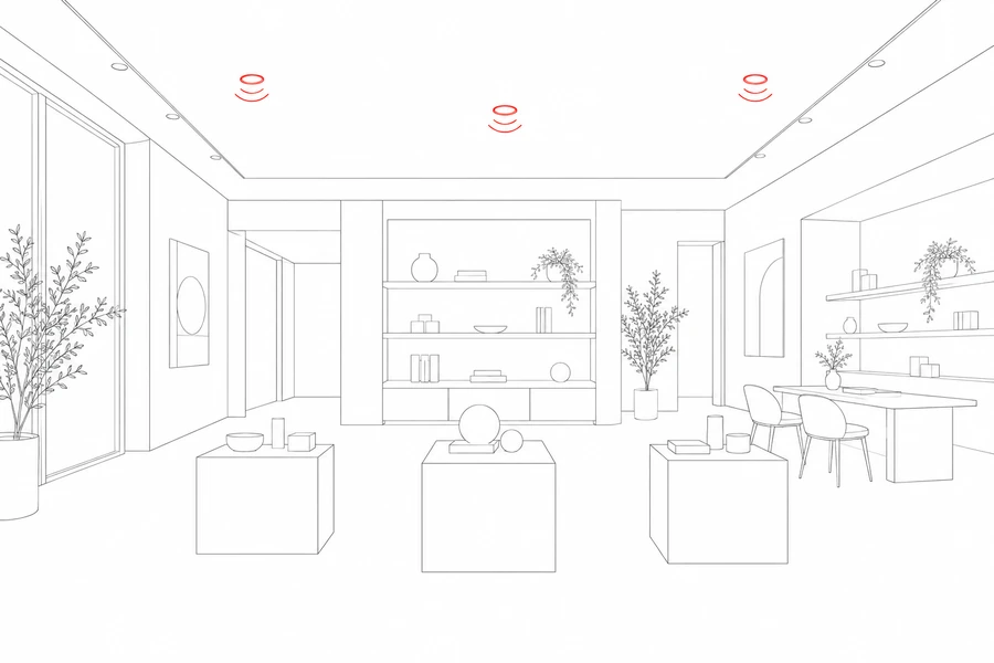 Architectural outline of a retail showroom with product displays and a consultation area