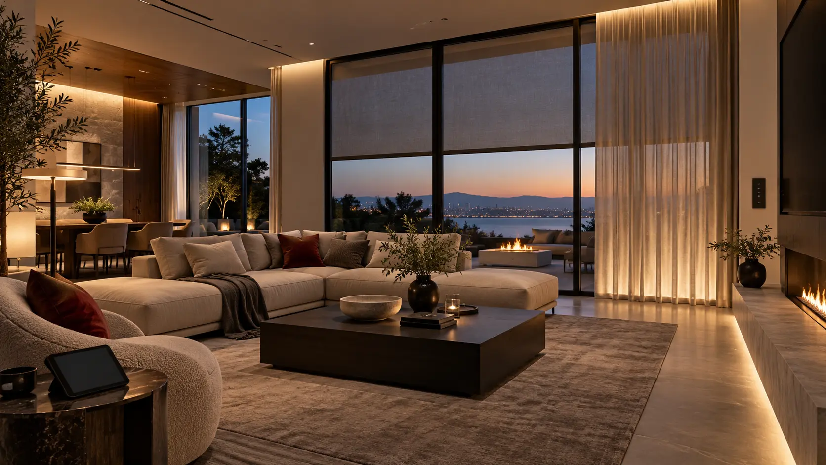 Illustrative smart living room with discreet automated lighting and shading